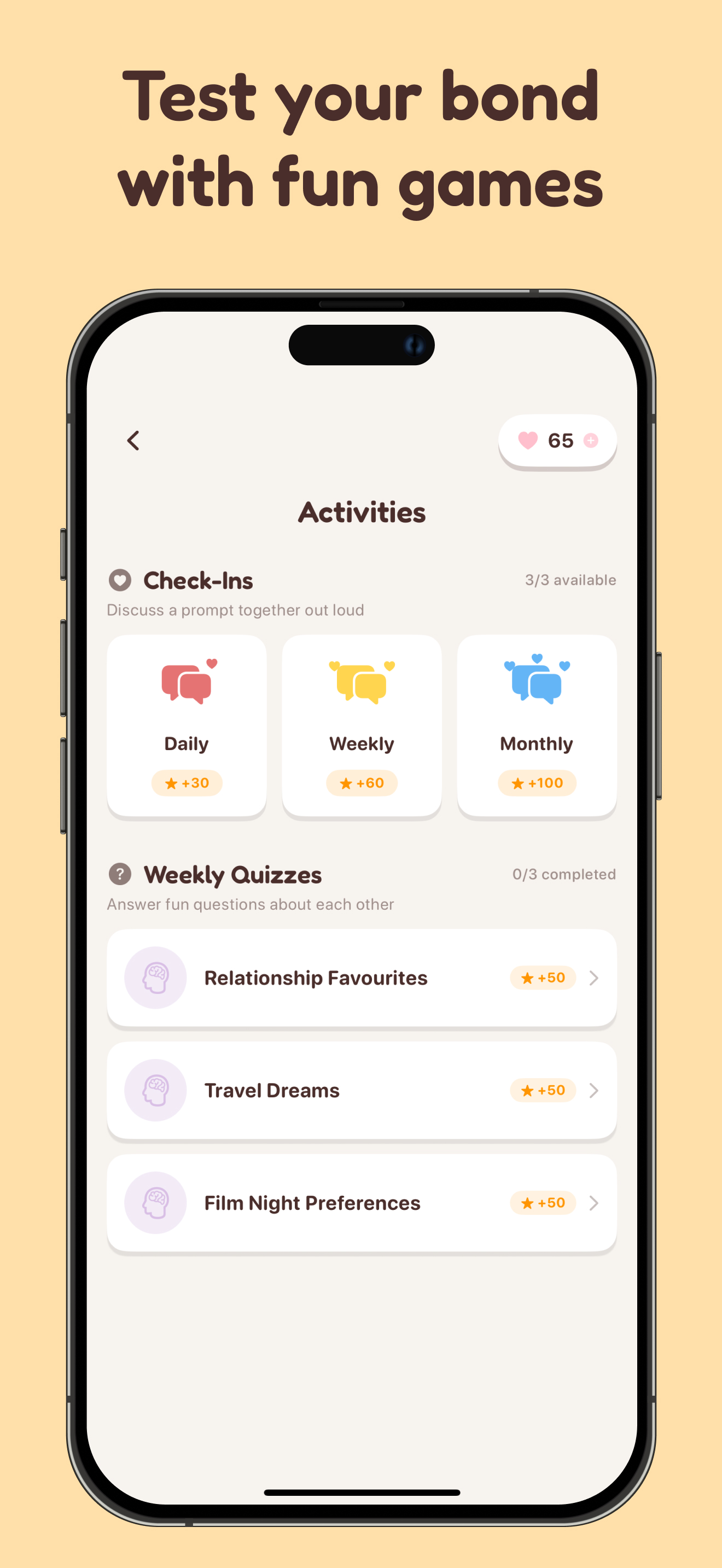 Couples quiz games with daily, weekly, and monthly relationship questions